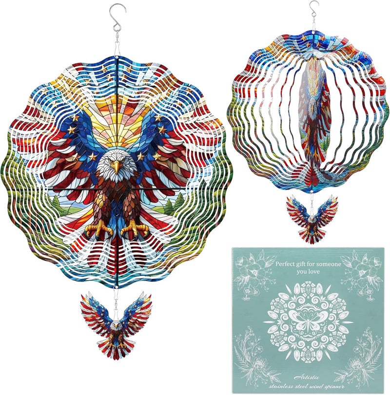 Romart Patriotic Eagle Wind Spinners Outdoor, Patriotic Themed Gifts for Men Garden Hanging Wind Spinner, American Flag Bald Eagle 3D Stainless Steel Outdoor Decor for Patio Yard Lawn - Image 1
